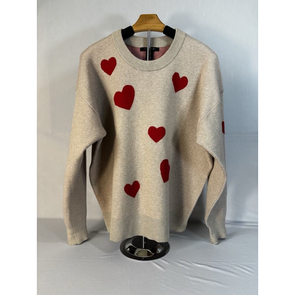 Tahari Love Hearts Beige Tan Crew Neck Sweater Long Sleeve Rayon XL Valentine